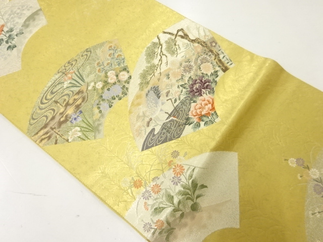 リサイクル　地紙に松鶴・花模様織出し袋帯